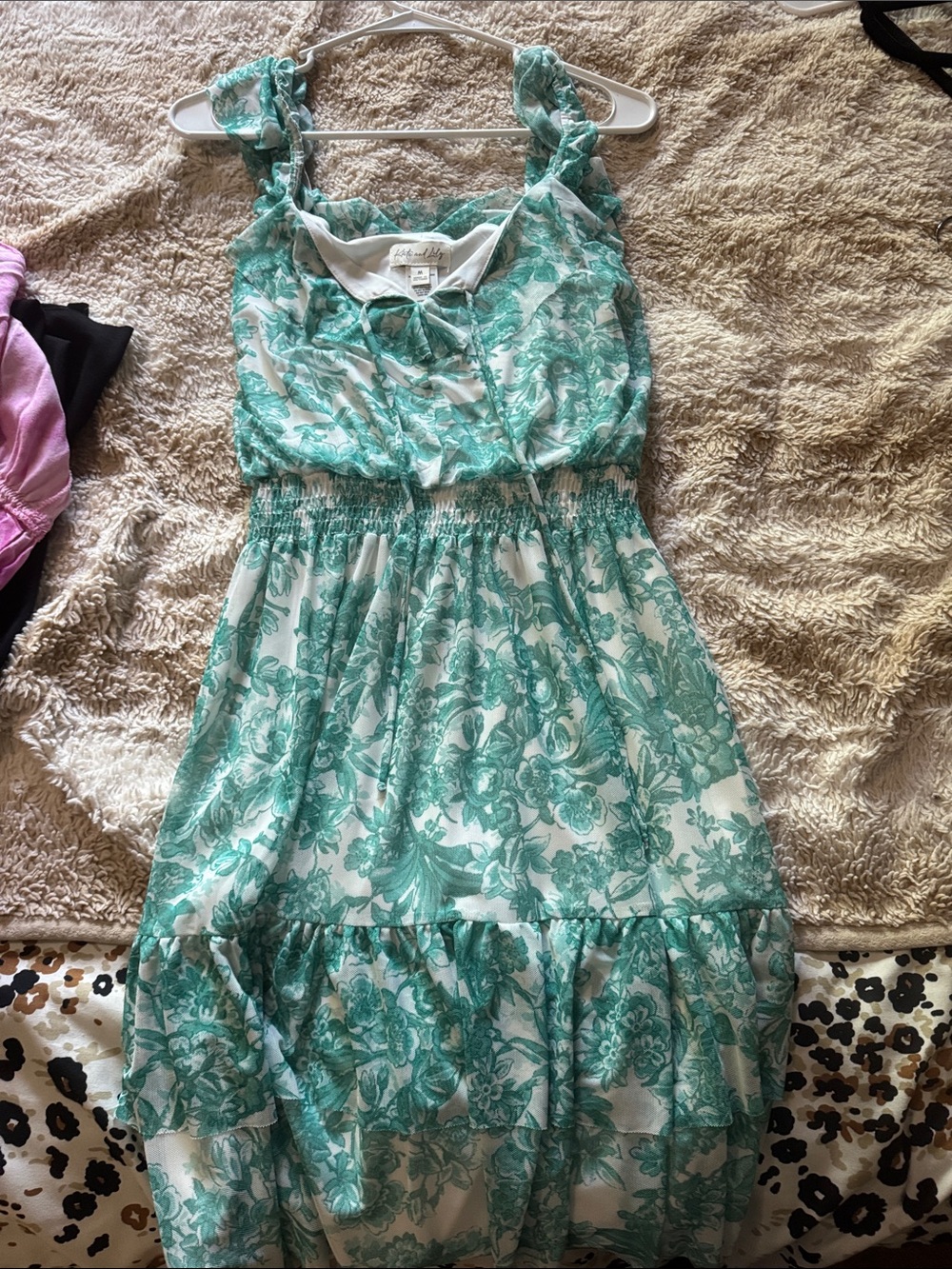 Smocked Floral Midi Dress in Teal and White